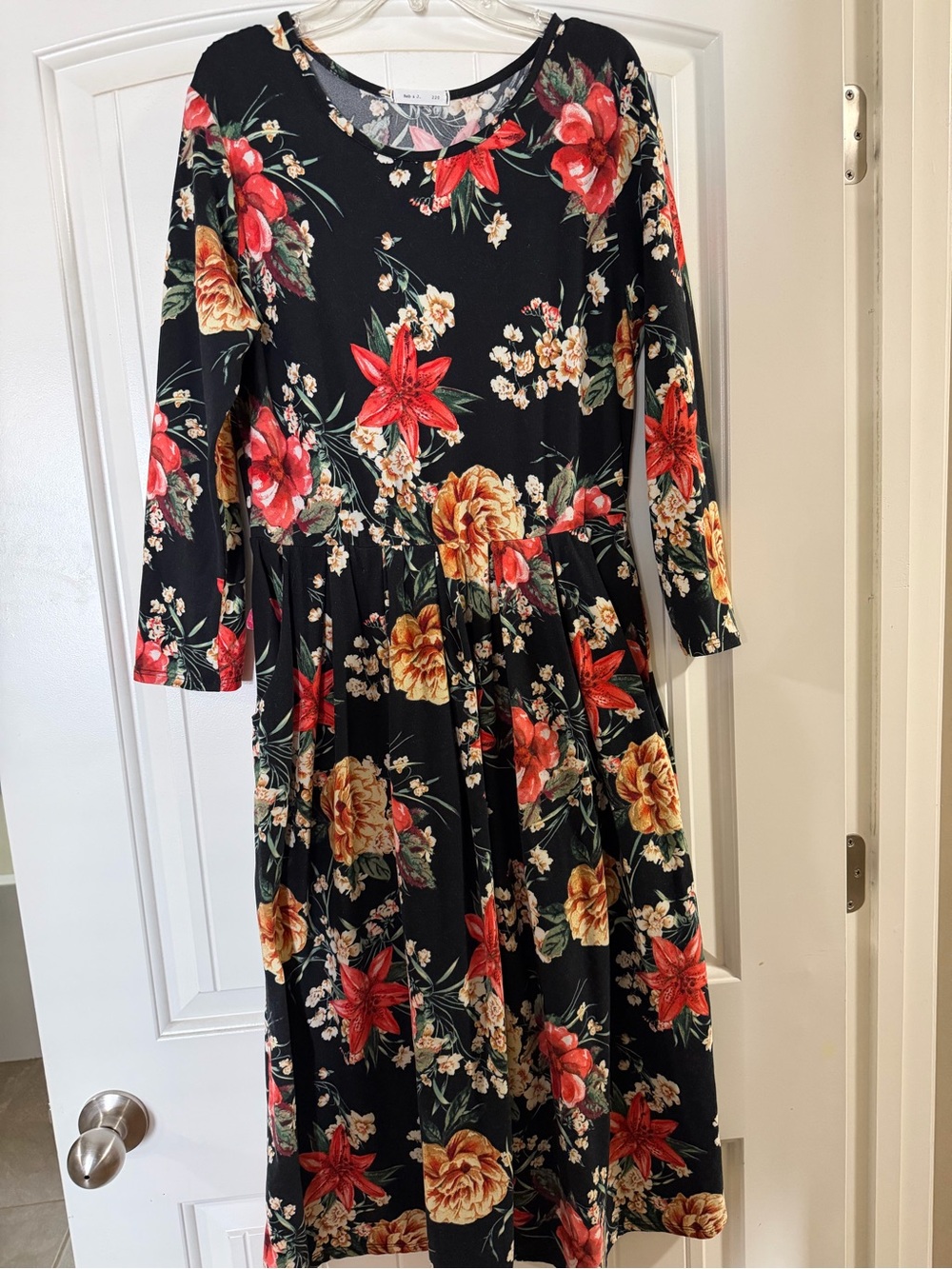 Black Floral Long-Sleeve Midi Dress with Red & Yellow Blooms
